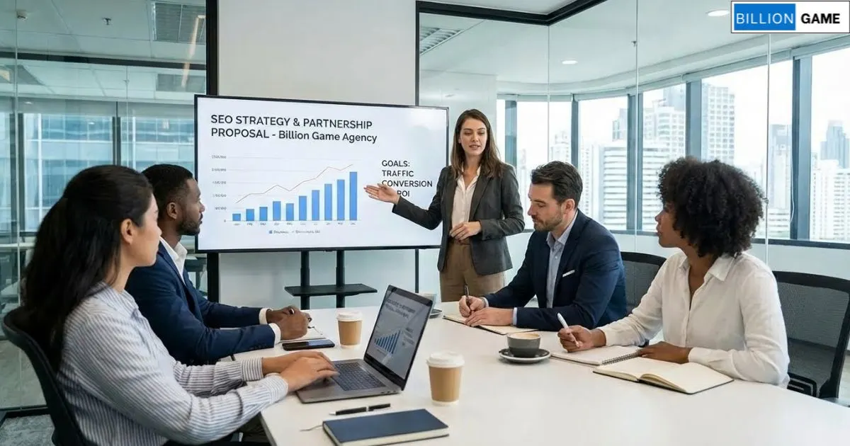 _Business meeting discussing SEO agency partnership