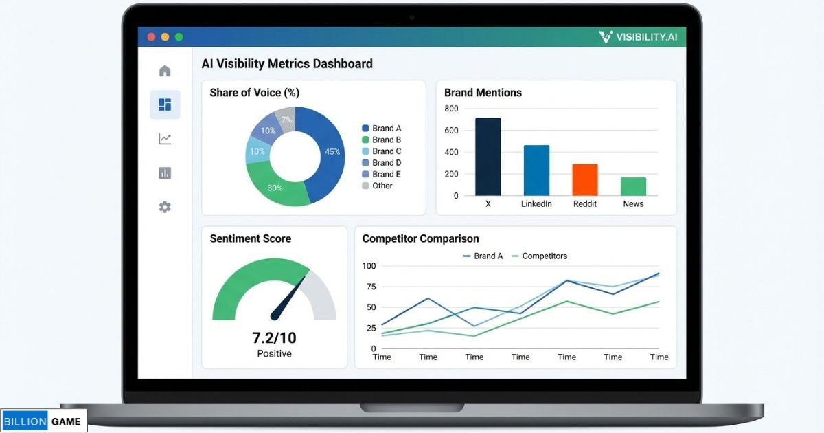 Dashboard mockup showing AI visibility metrics