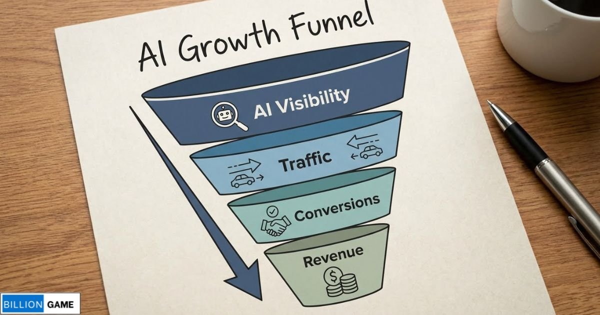 Funnel diagram showing AI Visibility leading to Traffic, then Conversions, then Revenue