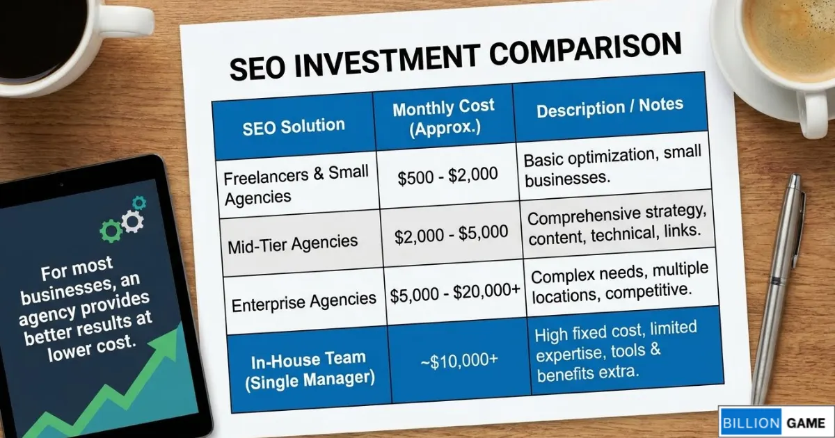 SEO pricing tiers from freelancer to enterprise agency]