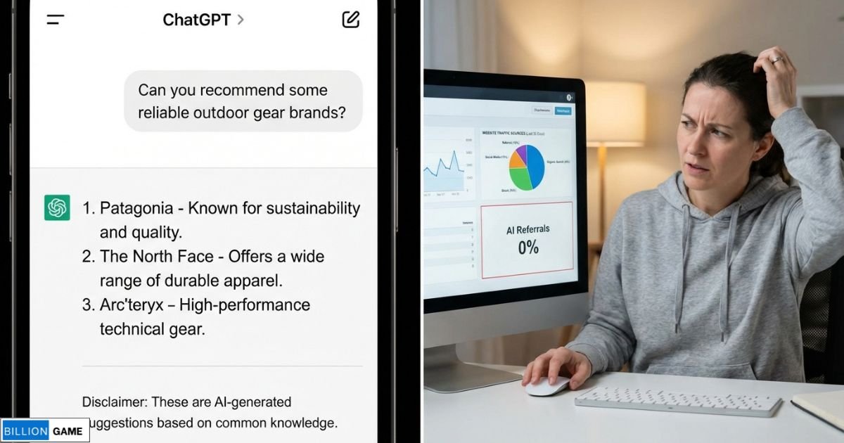 Split screen showing a ChatGPT conversation recommending brands on one side, and a business owner looking confused at analytics dashboard showing no traffic source from AI on the other side