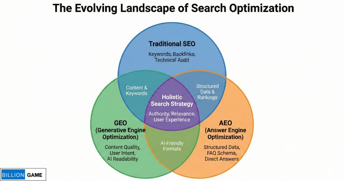 Venn diagram showing overlap between Traditional SEO, GEO, and AEO