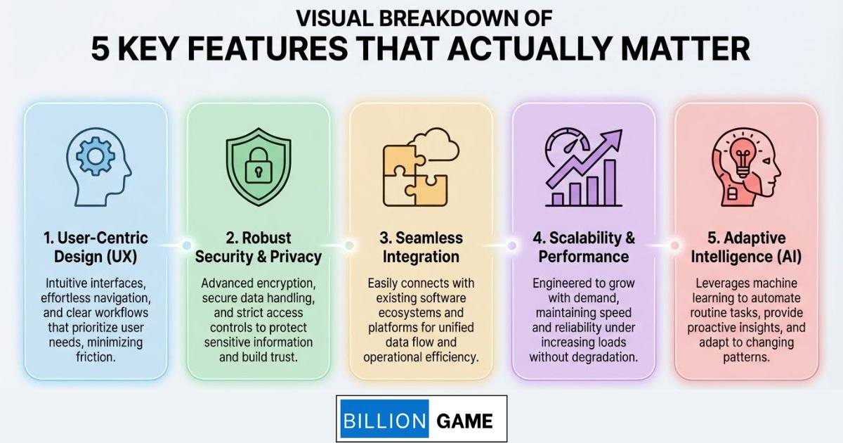 Visual breakdown of 5 key features with icons]