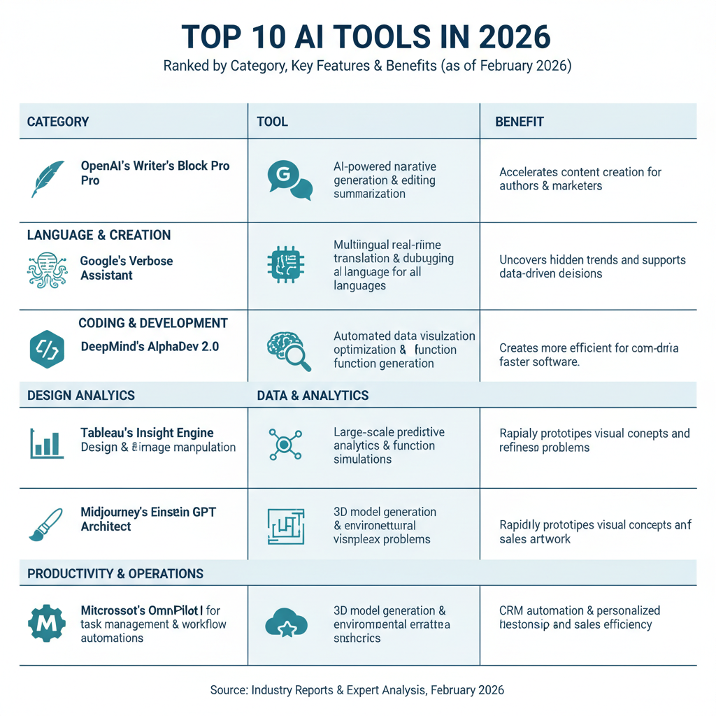 Infographic of top 10 AI tools in 2026 ranked by category with icons, key feature, and 1-sentence benefit per tool