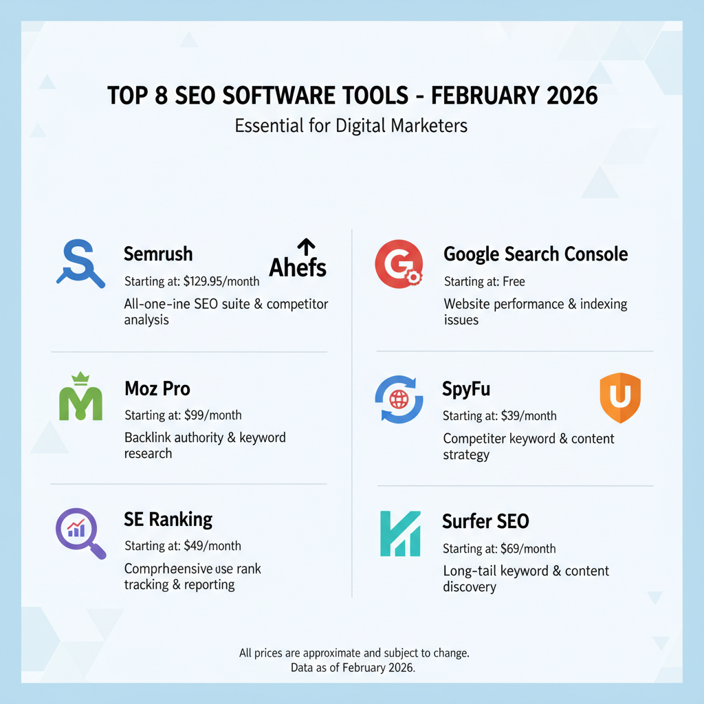 Infographic showing the top 8 SEO tools with icons, starting prices, and one key benefit per tool like 'Semrush: All-in-one SEO suite'