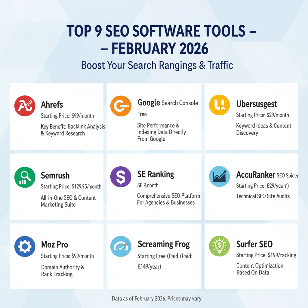 Infographic showing top 9 SEO tools with icons, starting pricing, and one key benefit per tool like 'Ahrefs: Backlink mastery'