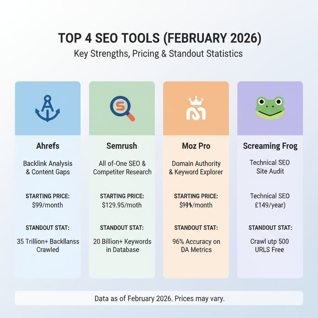 Infographic showing top 4 SEO tools with icons, key strength, starting price, and one standout stat per tool as of 2026