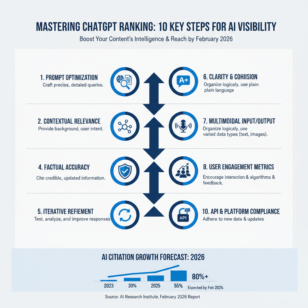 Infographic: How to rank in ChatGPT overview — 10 key steps with icons, brief descriptions, and 2026 stats on AI citation growth