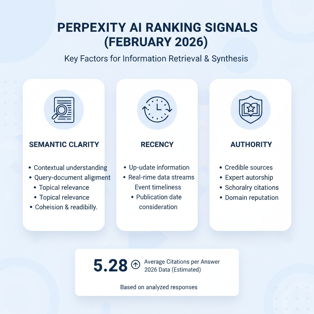 Infographic showing Perplexity AI ranking signals: semantic clarity, recency, authority with icons and 5.28 avg citations stat for 2026