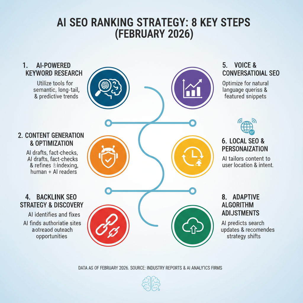 Infographic: 8 key steps for how to rank SEO in AI tools with icons and brief descriptions for each step