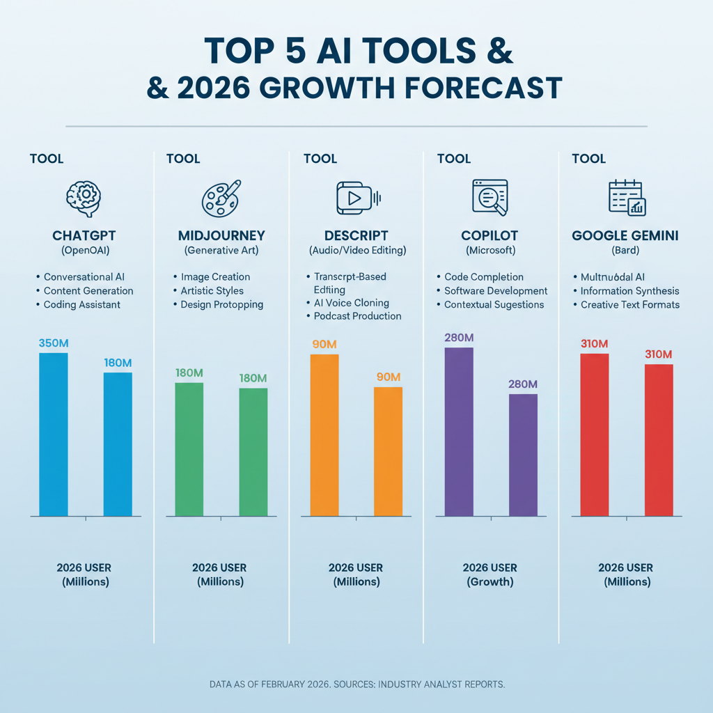Infographic of top 5 best AI tools with icons, key features, and 2026 user growth stats