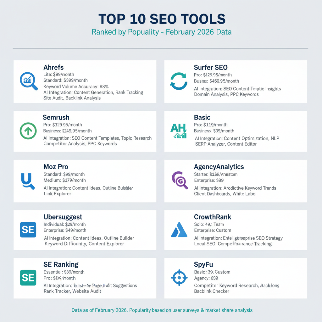Infographic showing top 10 SEO tools ranked by popularity in 2026 with icons, pricing tiers, and key features like keyword volume accuracy and AI integration
