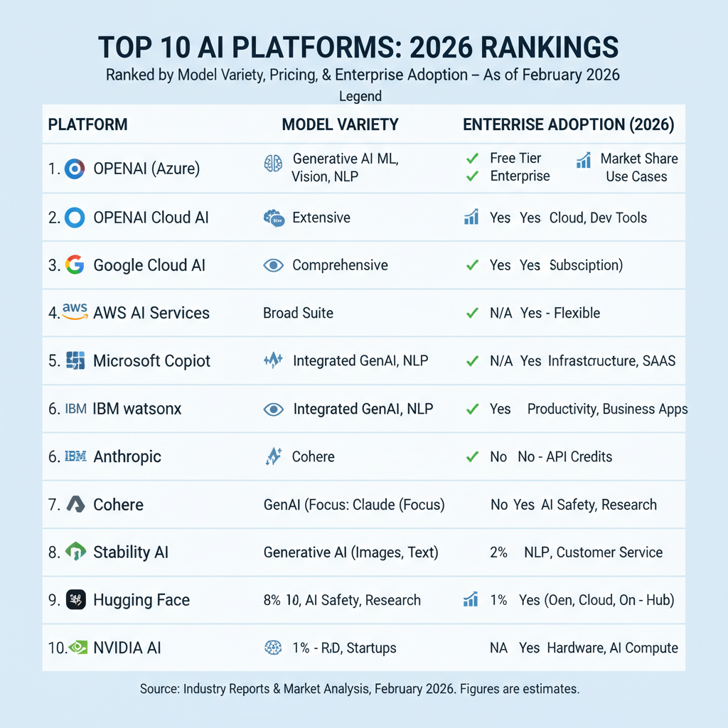 Infographic showing the 10 best AI platforms ranked by key metrics like model variety, pricing tiers, and enterprise adoption rates as of 2026