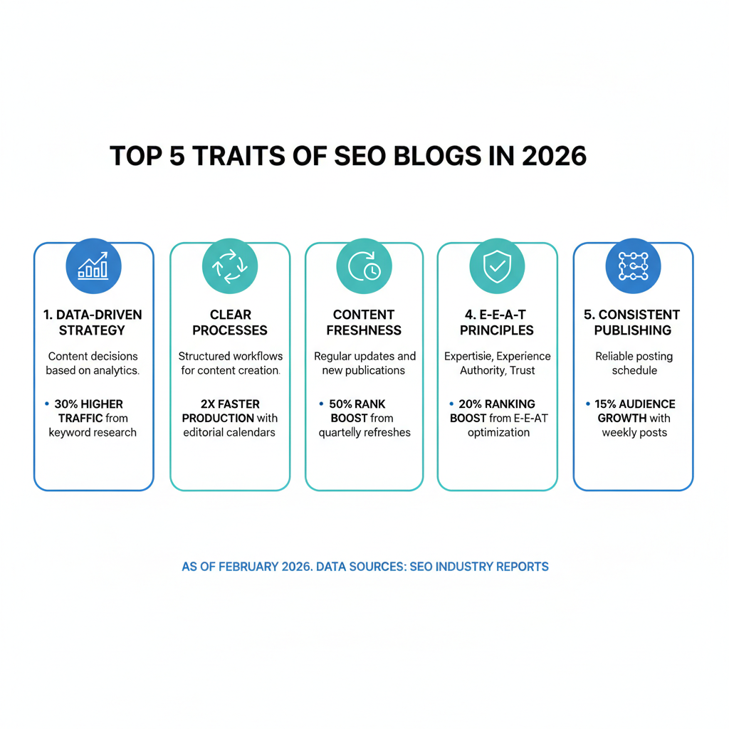 Infographic showing 5 traits of top SEO blogs in 2026 with icons for data, steps, freshness, E-E-A-T, and consistency, including stats like "20% ranking boost from E-E-A-T"