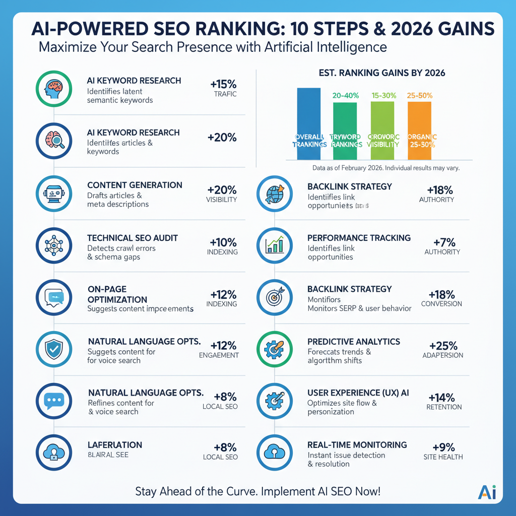 Infographic: 10 steps for how to rank SEO using AI with icons, brief labels, and expected ranking gains for 2026