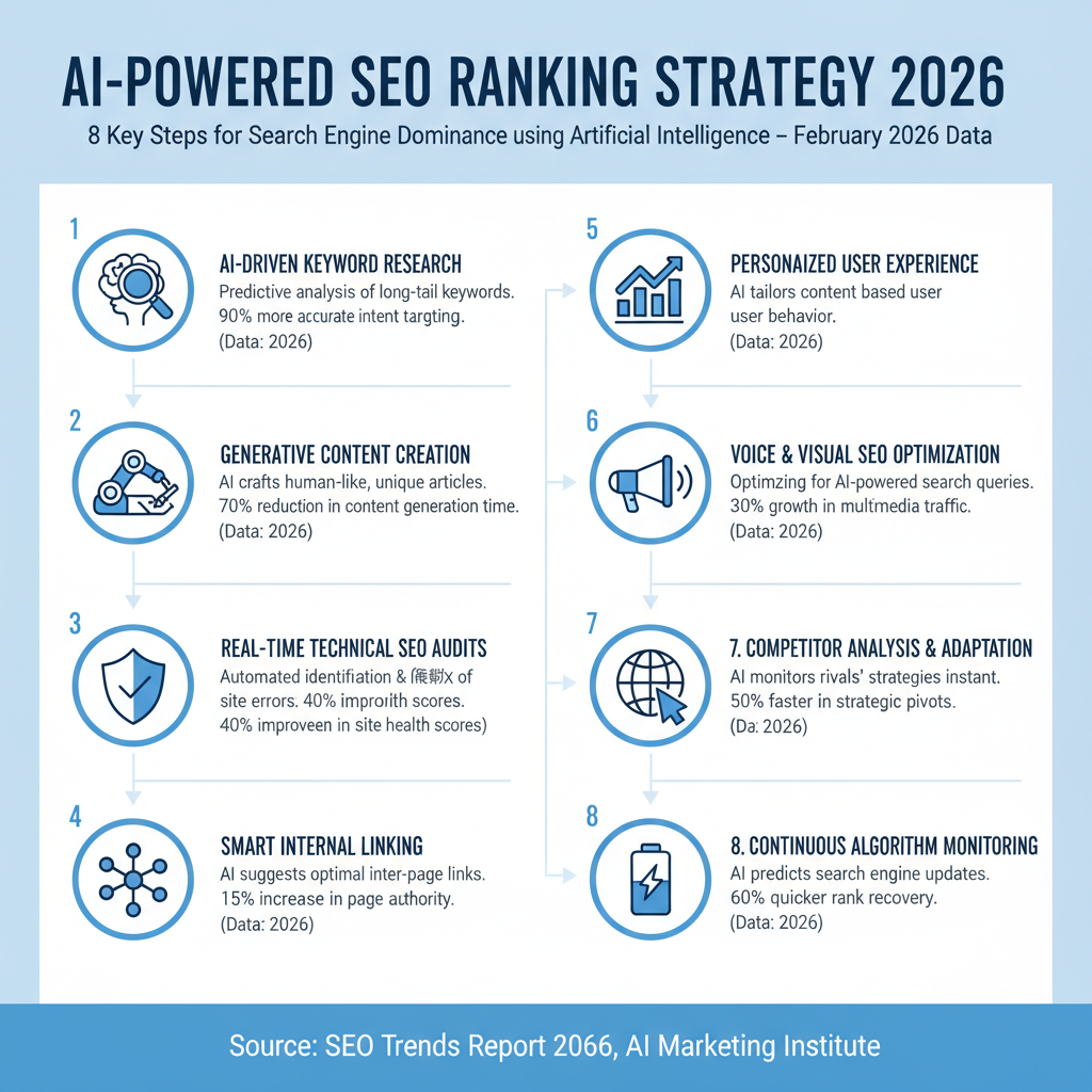 Infographic: 8 key steps for how to rank SEO in 2026 using AI with icons, brief descriptions, and 2026 stats
