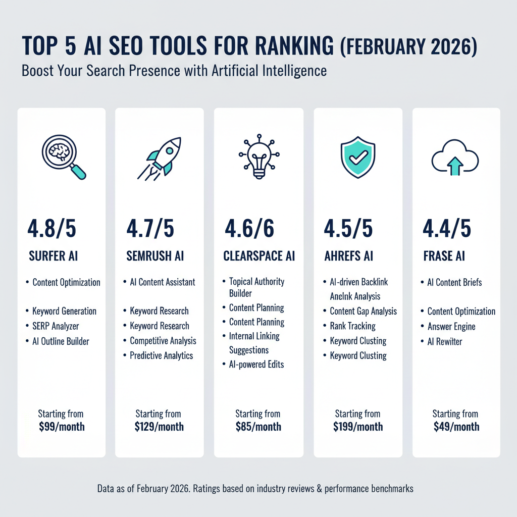 Infographic: Top 5 AI SEO tools for ranking with features, pricing, and 2026 ratings