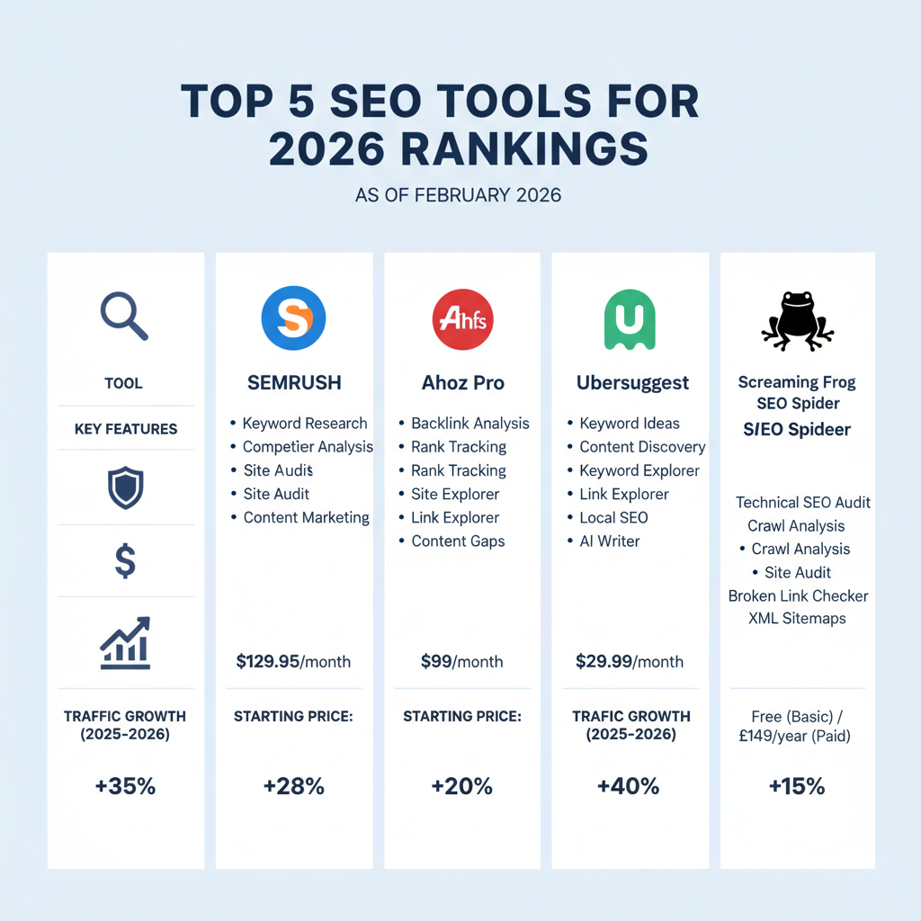 Infographic showing top 5 SEO tools for 2026 rankings with icons, key features, starting prices, and traffic growth stats as of February 2026