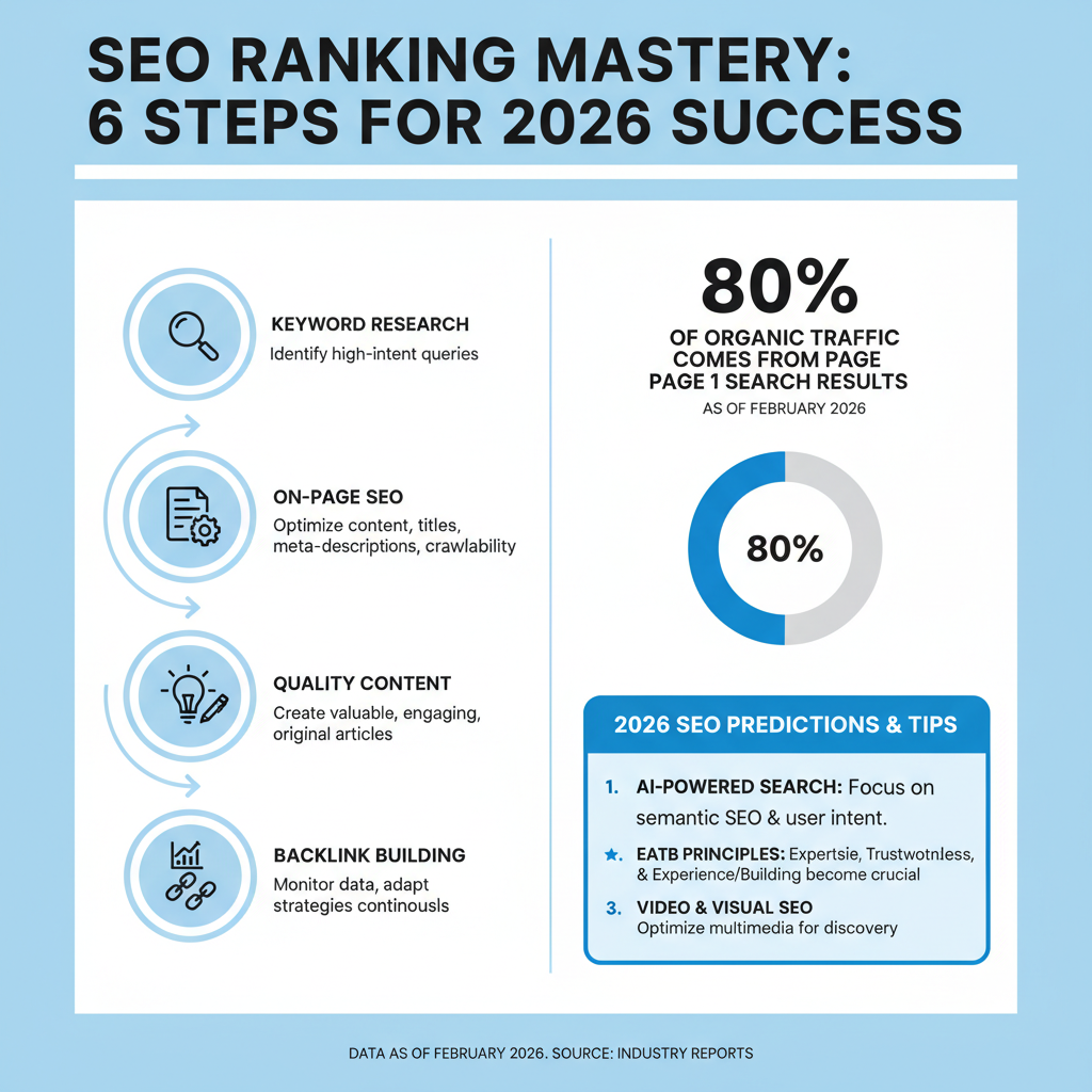 Infographic: How to rank in SEO overview - 6 main steps with icons, key stats like '80% of traffic from page 1', and 2026 tips