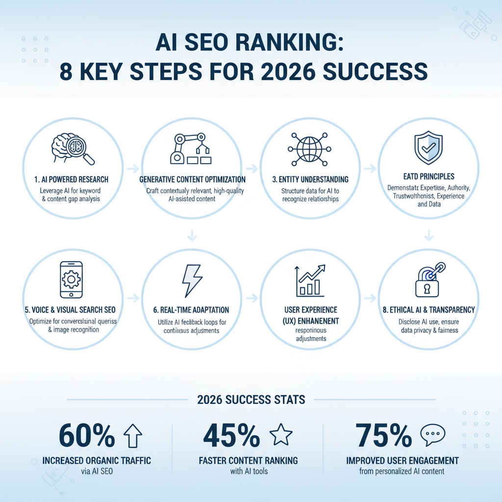 Infographic: 8 key steps for how to rank SEO in AI with icons, brief descriptions, and 2026 success stats