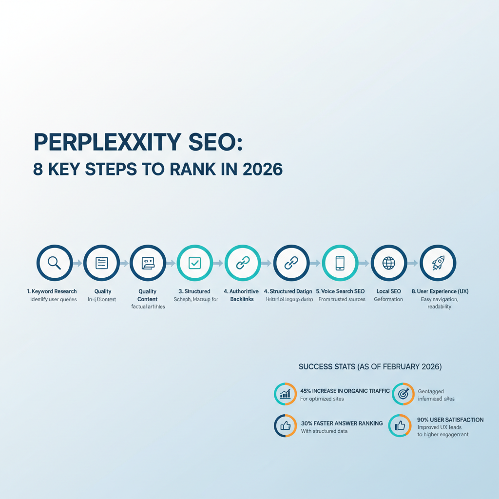 Infographic: 8 key steps to rank in Perplexity with icons for each step, primary keyword highlighted, and success stats as of 2026