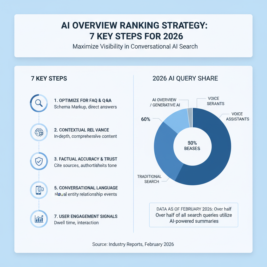 Infographic: How to rank in AI overview — 7 key steps with icons, timelines, and 2026 stats on AI query share