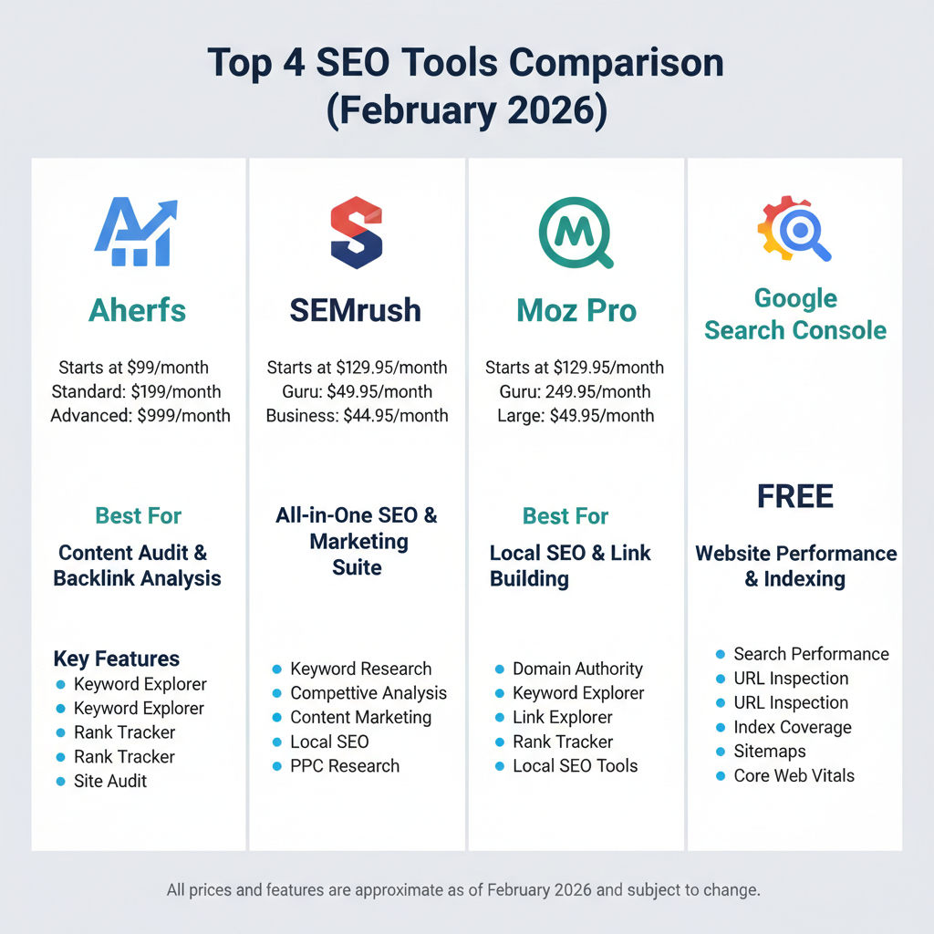 Infographic comparing the top 4 SEO tools with pricing, best-for use case, and key features for each