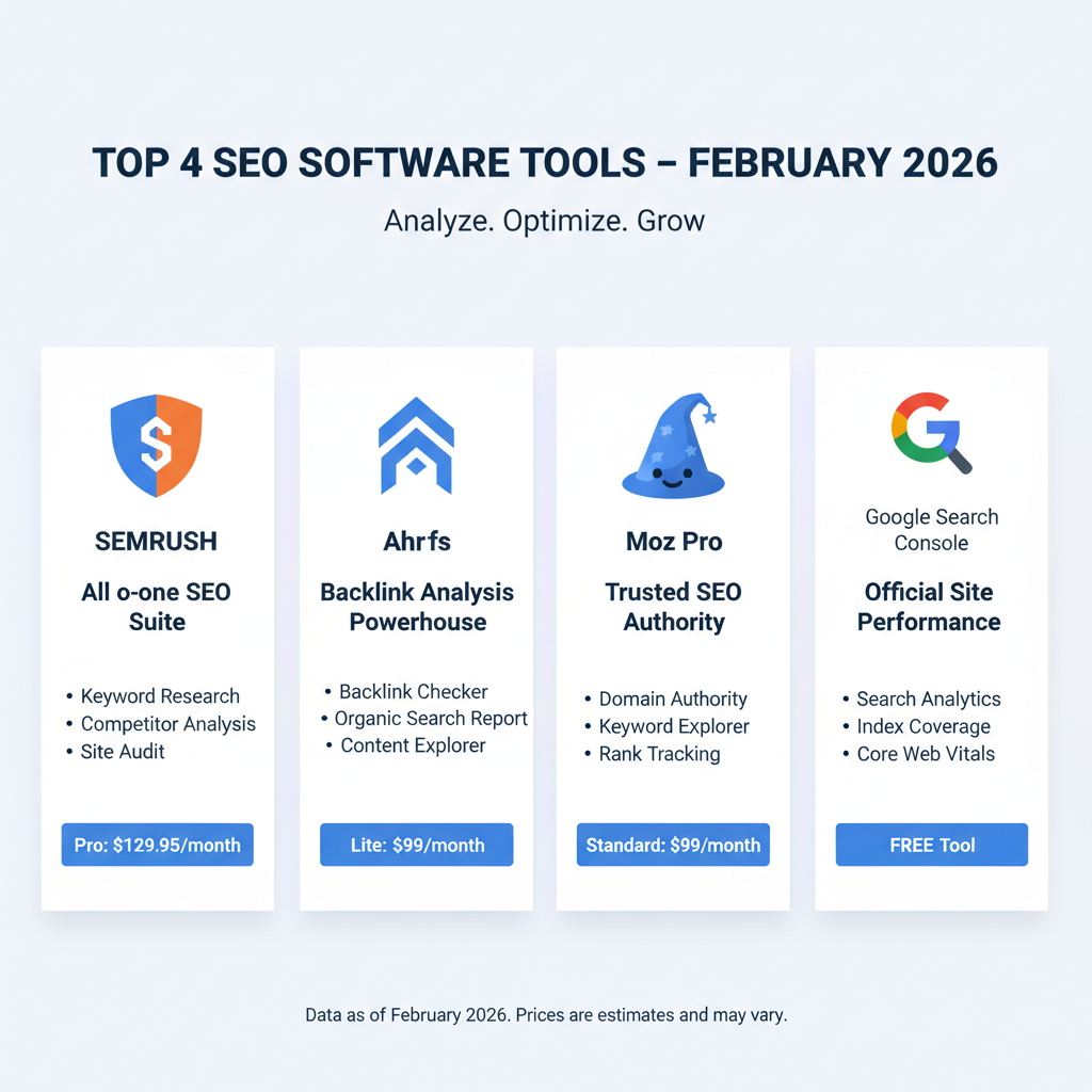 Infographic showing top 4 SEO tools with icons, pricing tiers, and one key benefit per tool like "Semrush: All-in-one SEO suite"