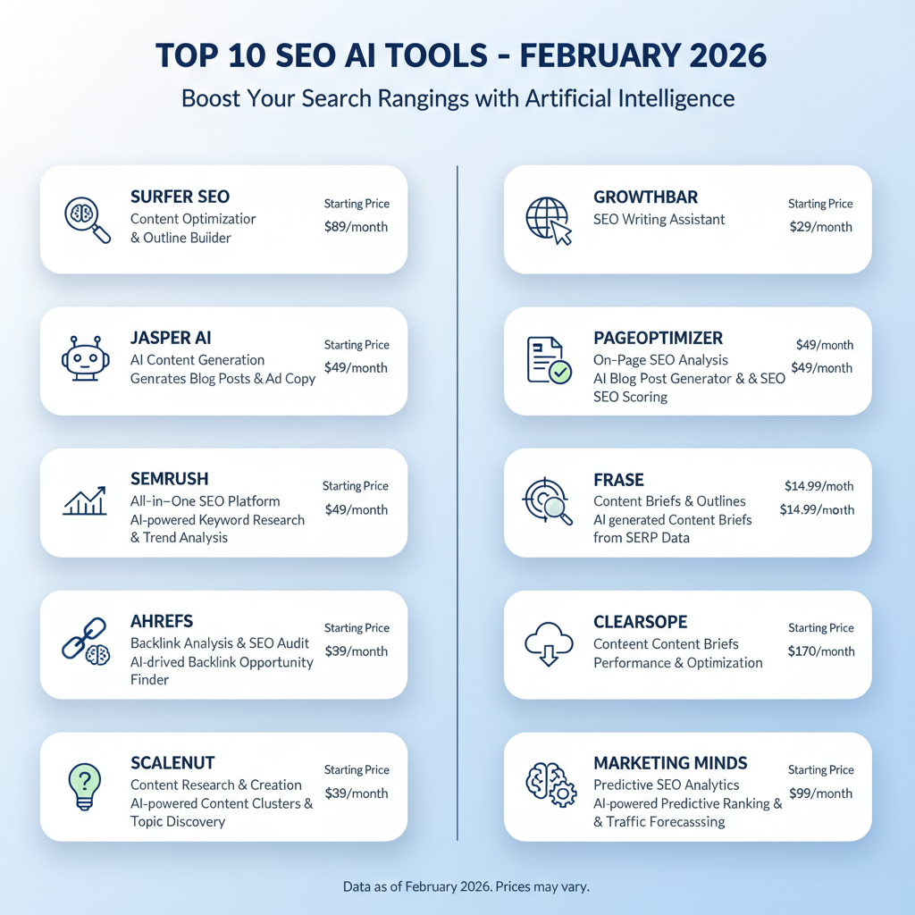 Infographic summarizing the top 10 SEO AI tools with tool name, best use case, starting price, and one key AI feature per tool