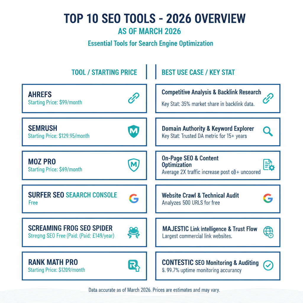 Infographic summarizing the top 10 SEO tools with tool name, starting price, best use case, and one key stat per tool as of 2026