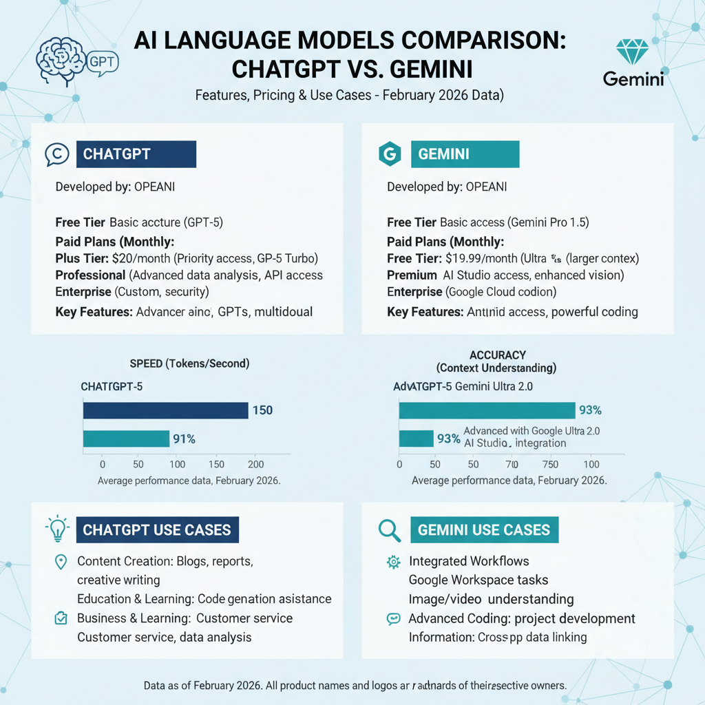 Infographic comparing ChatGPT vs Gemini features, pricing, and use cases with bar charts for speed and accuracy in 2026