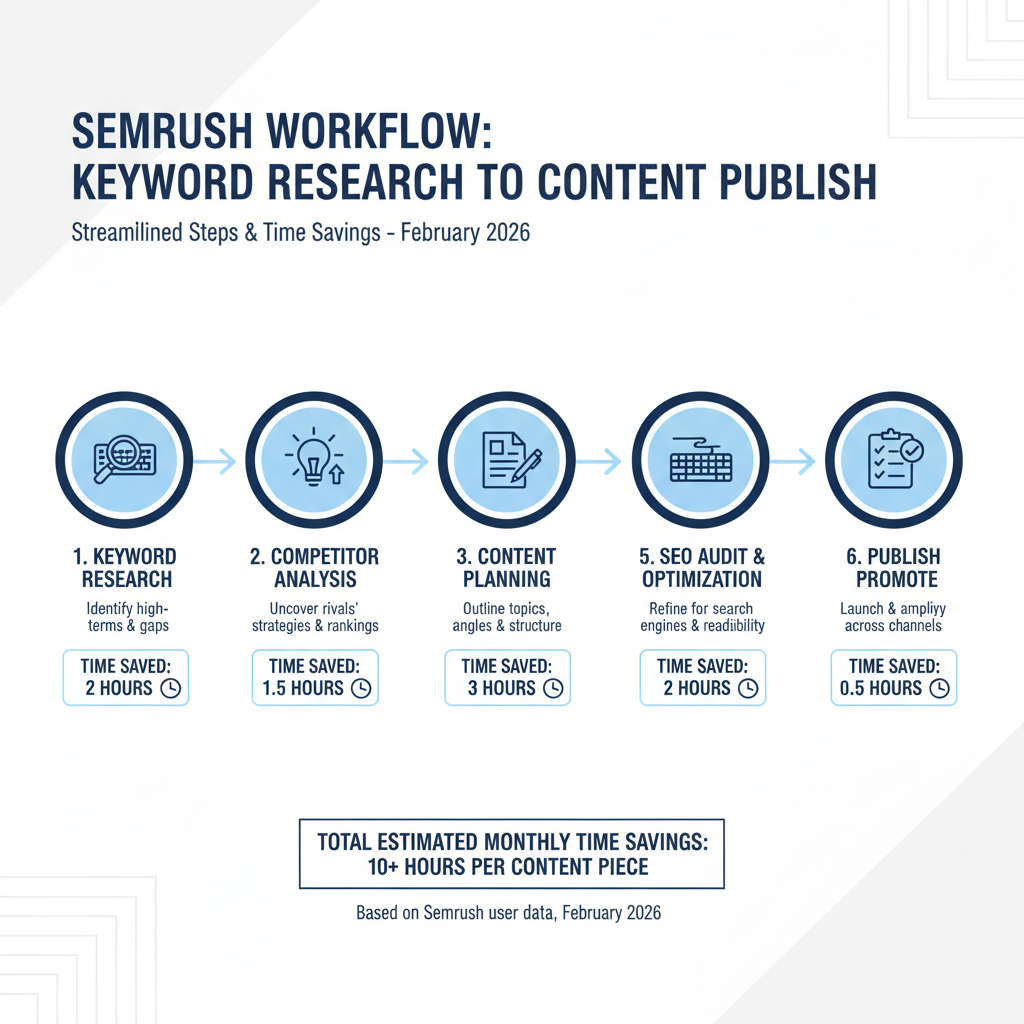 Infographic: Semrush workflow for keyword research to content publish, 6 steps with icons and time savings per step
