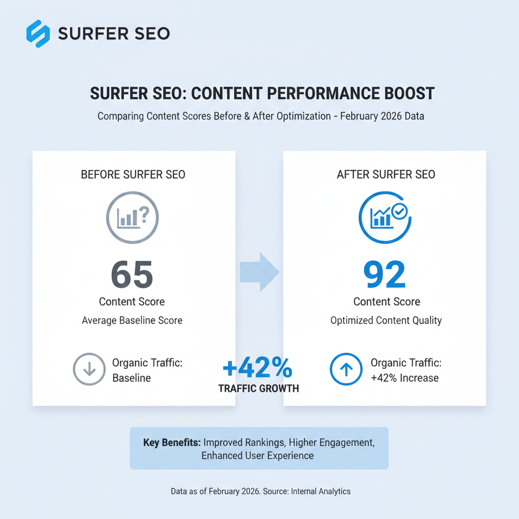 Infographic comparing content scores before/after Surfer SEO with example metrics: 65 to 92 score, +42% traffic