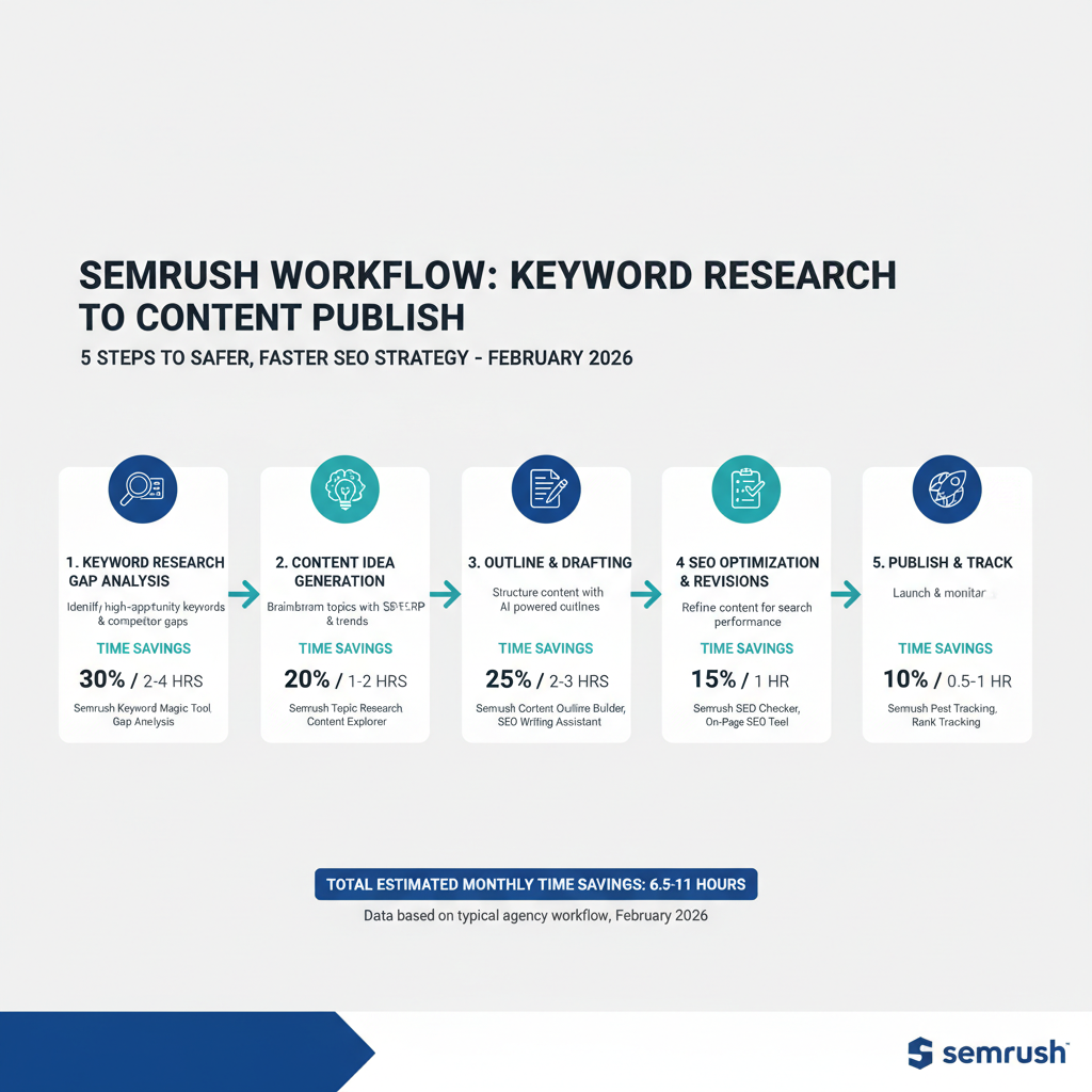 Infographic: Semrush workflow for keyword research to content publish with 5 steps and time savings per step