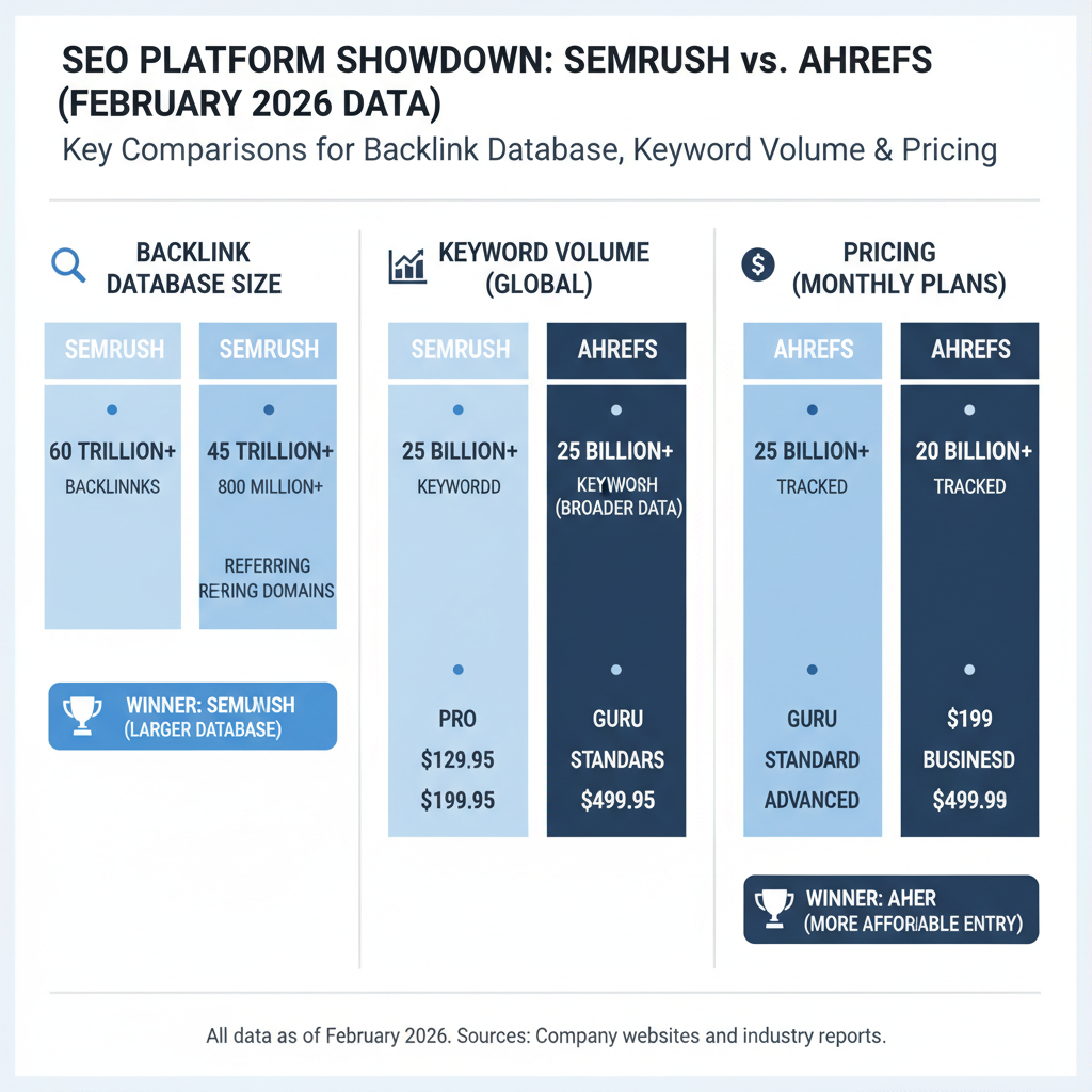 Infographic comparing Semrush vs Ahrefs on backlink database size, keyword volume, and pricing with 2026 stats and winner badges