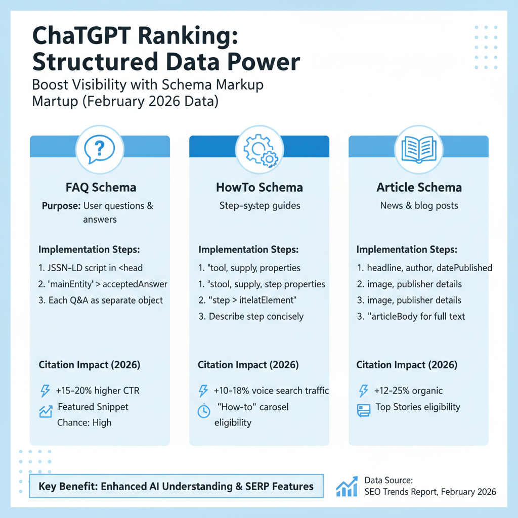 Infographic: Structured data types for ChatGPT ranking — FAQ, HowTo, Article schemas with implementation steps and citation impact stats