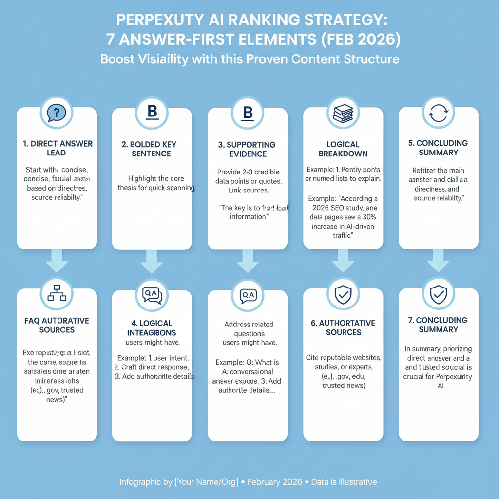Infographic: 7 key elements of answer-first structure for how to rank in Perplexity AI with examples and checkmarks