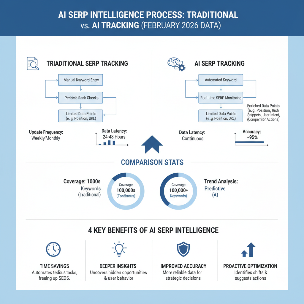 Infographic: AI SERP intelligence process — traditional vs AI tracking with comparison stats and 4 key benefits