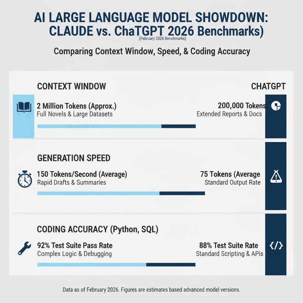 Infographic comparing Claude vs ChatGPT on context window, speed, and coding accuracy with 2026 benchmarks