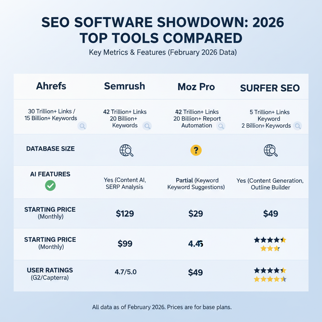 Infographic comparing core metrics of top SEO tools: database size (trillions of links/keywords), AI features (yes/no), starting price, and user ratings as of Feb 2026