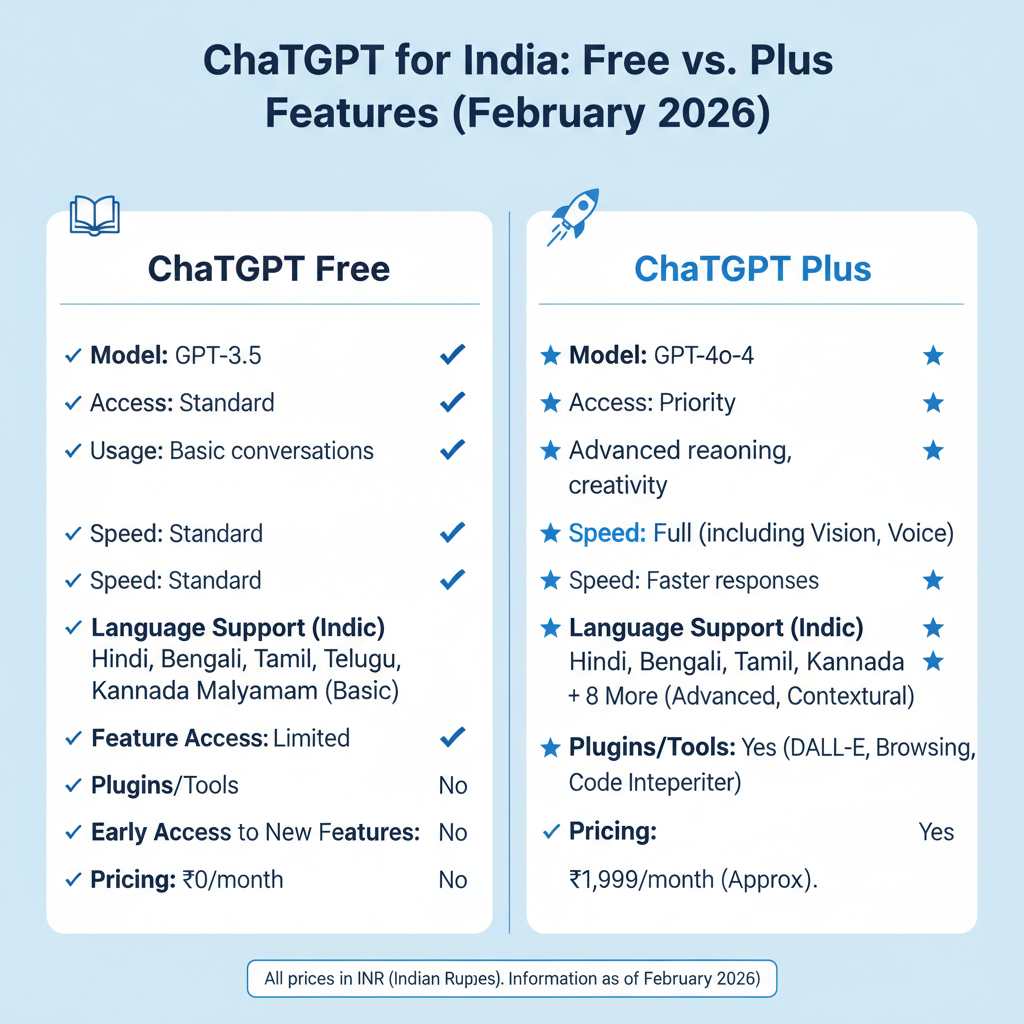 Infographic comparing ChatGPT free vs Plus features for Indian users, including language support and pricing in INR