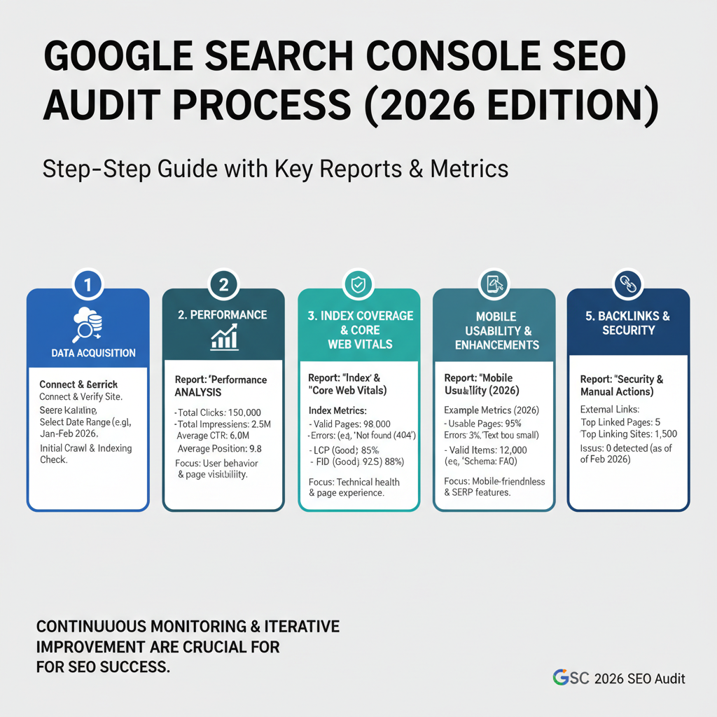 Infographic: Step-by-step process of using Google Search Console for SEO audits, including 5 key reports with example metrics from 2026 data