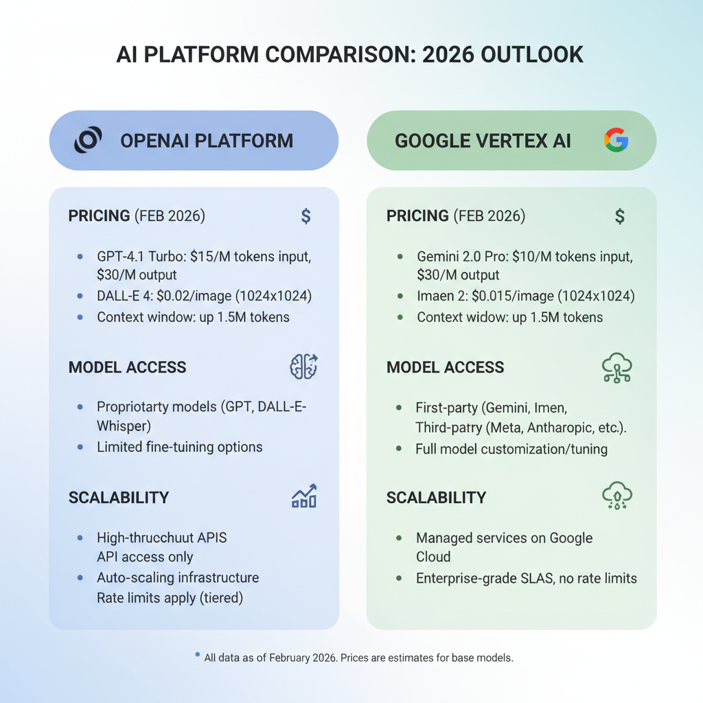 Infographic comparing OpenAI Platform vs Google Vertex AI on pricing, model access, and scalability metrics for 2026