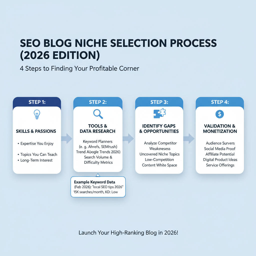 Infographic: Step-by-step niche selection process for SEO blogs with 4 boxes—skills, tools data, gaps, validation—and example keywords like "local SEO tips 2026"