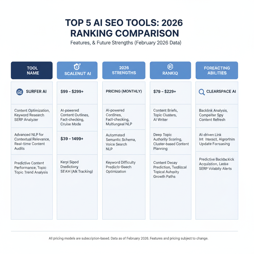 Infographic: Comparison of top 5 AI SEO tools for ranking with features, pricing, and 2026 strengths like NLP and forecasting