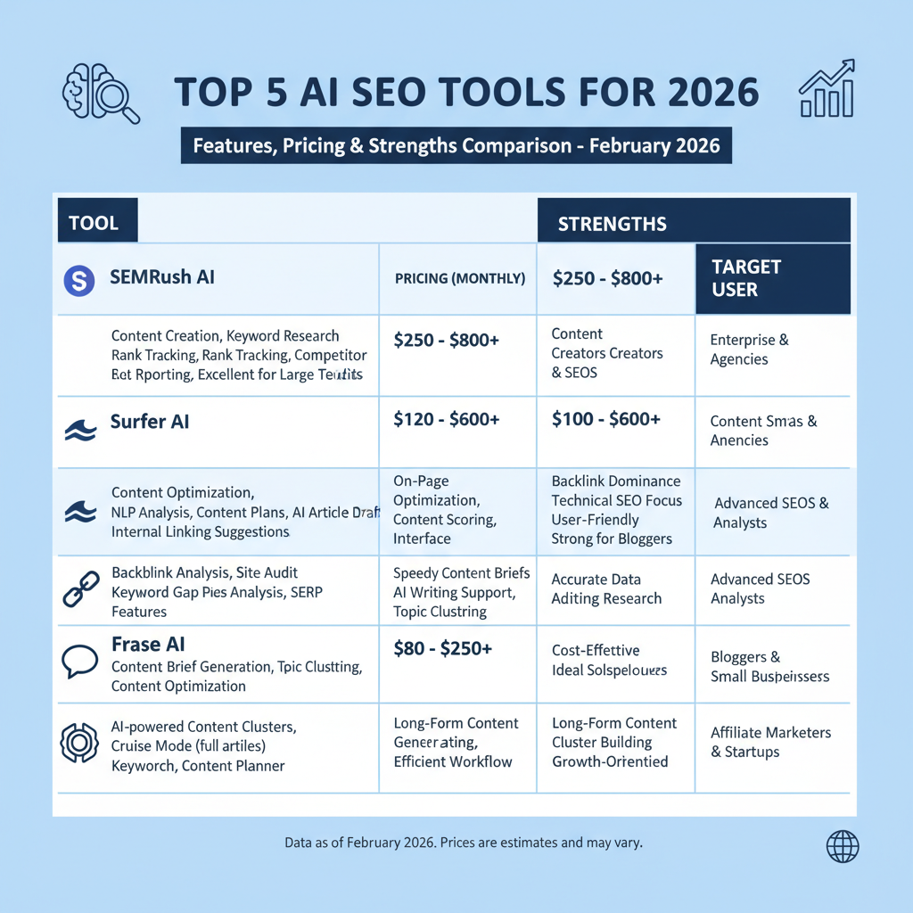 Infographic: Top 5 AI SEO tools for 2026 ranking with features, pricing, and strengths table
