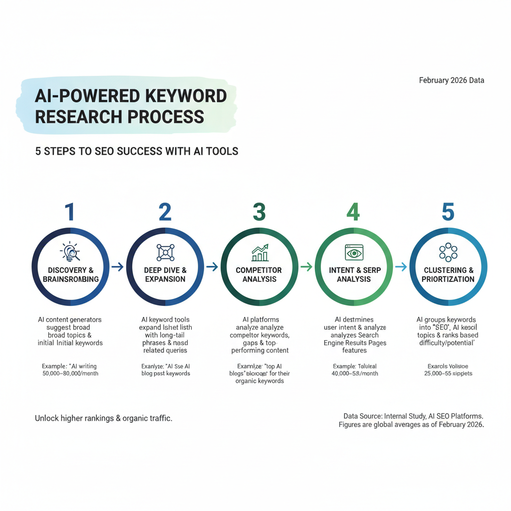 Infographic: Keyword research process using AI tools—5 steps with examples and search volume stats for 2026