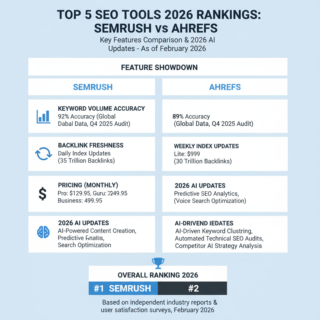 Infographic comparing Semrush vs Ahrefs in top 5 SEO tools for 2026 rankings: features table with keyword volume accuracy, backlink freshness, pricing, and 2026 AI updates