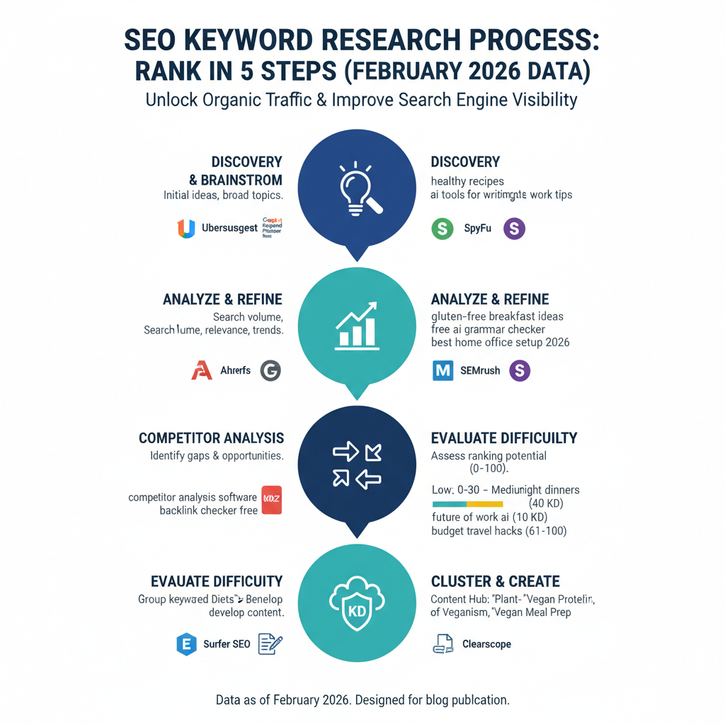 Infographic: Keyword research process for how to rank in SEO - 5 steps with tool icons, example keywords, and competition scores