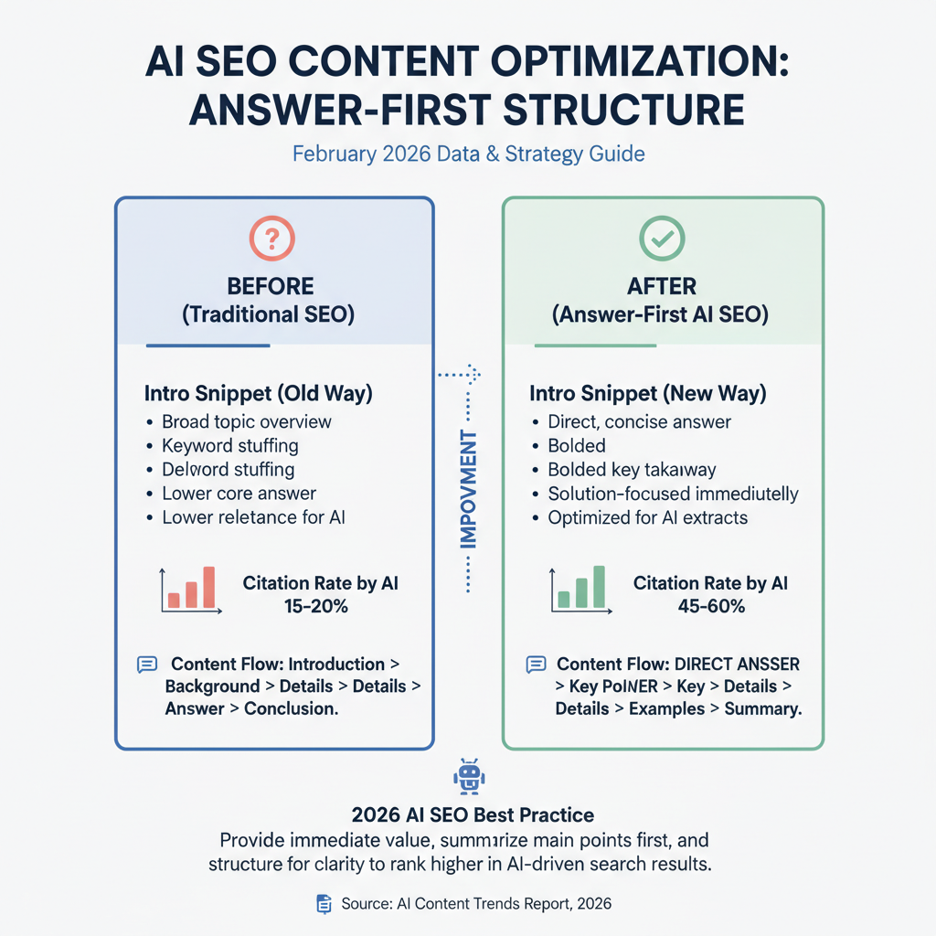 Infographic: Before/after example of answer-first content structure for how to rank in AI SEO content, showing intro snippets and citation rates